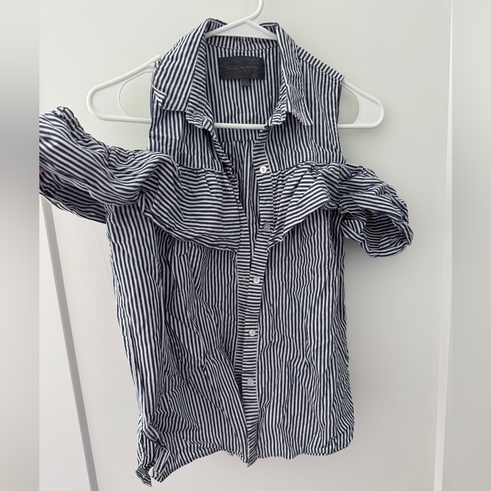 Anthropologie Navy Open Shoulder Striped Blouse